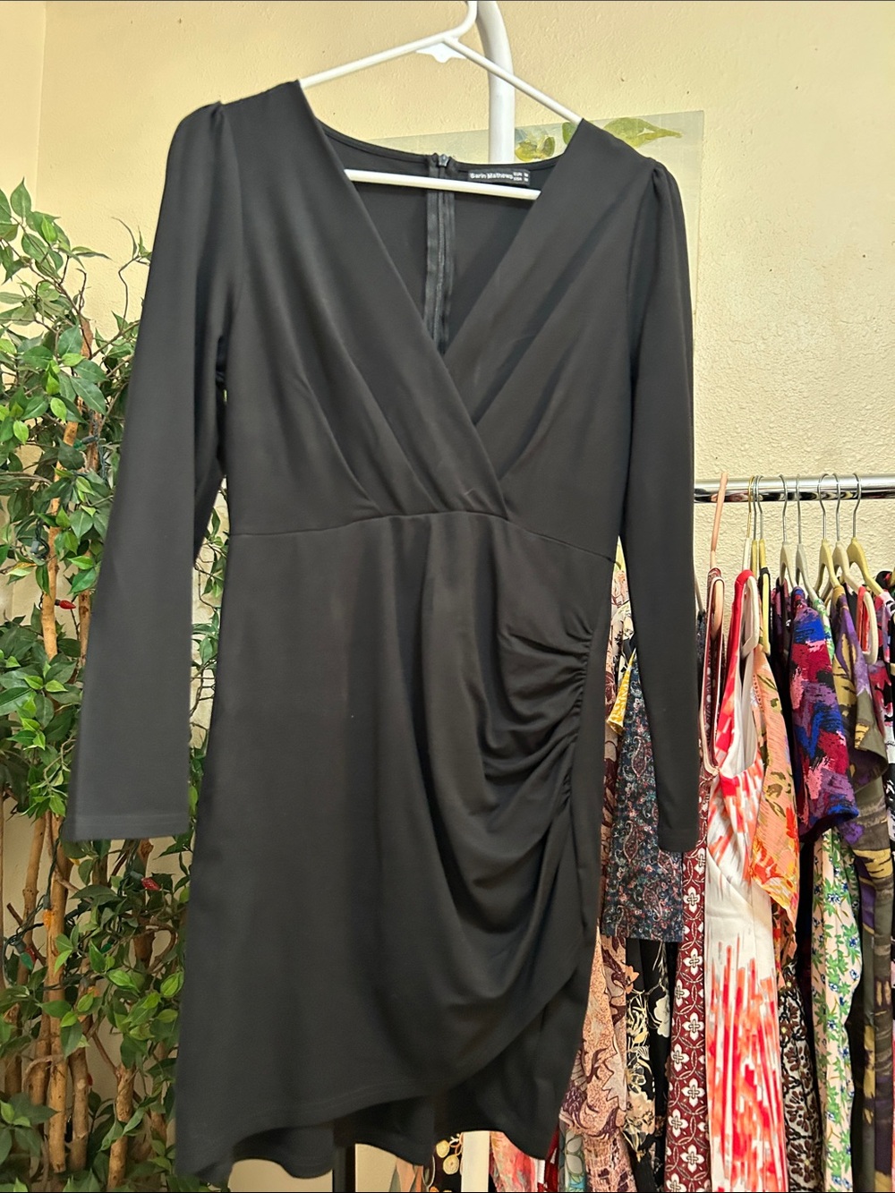 Long Sleeve Black Faux-Wrap Ruched Dress